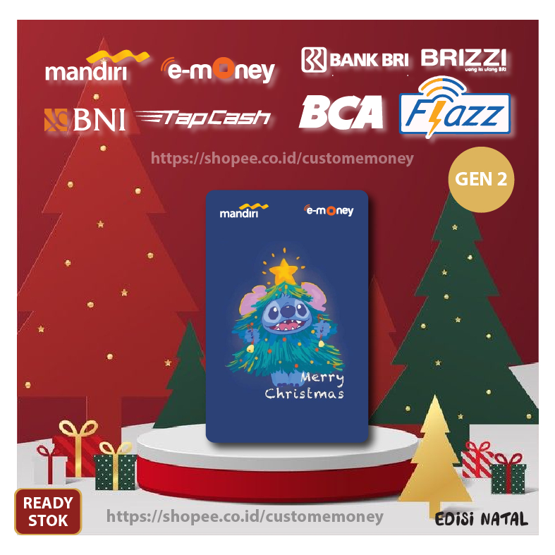 KARTU EMONEY MERRY CHRISTMAS STITCH EDISI NATAL EMONEY MANDIRI FLAZZ BCA GEN 2 TAPCASH BRIZZI 1 SISI