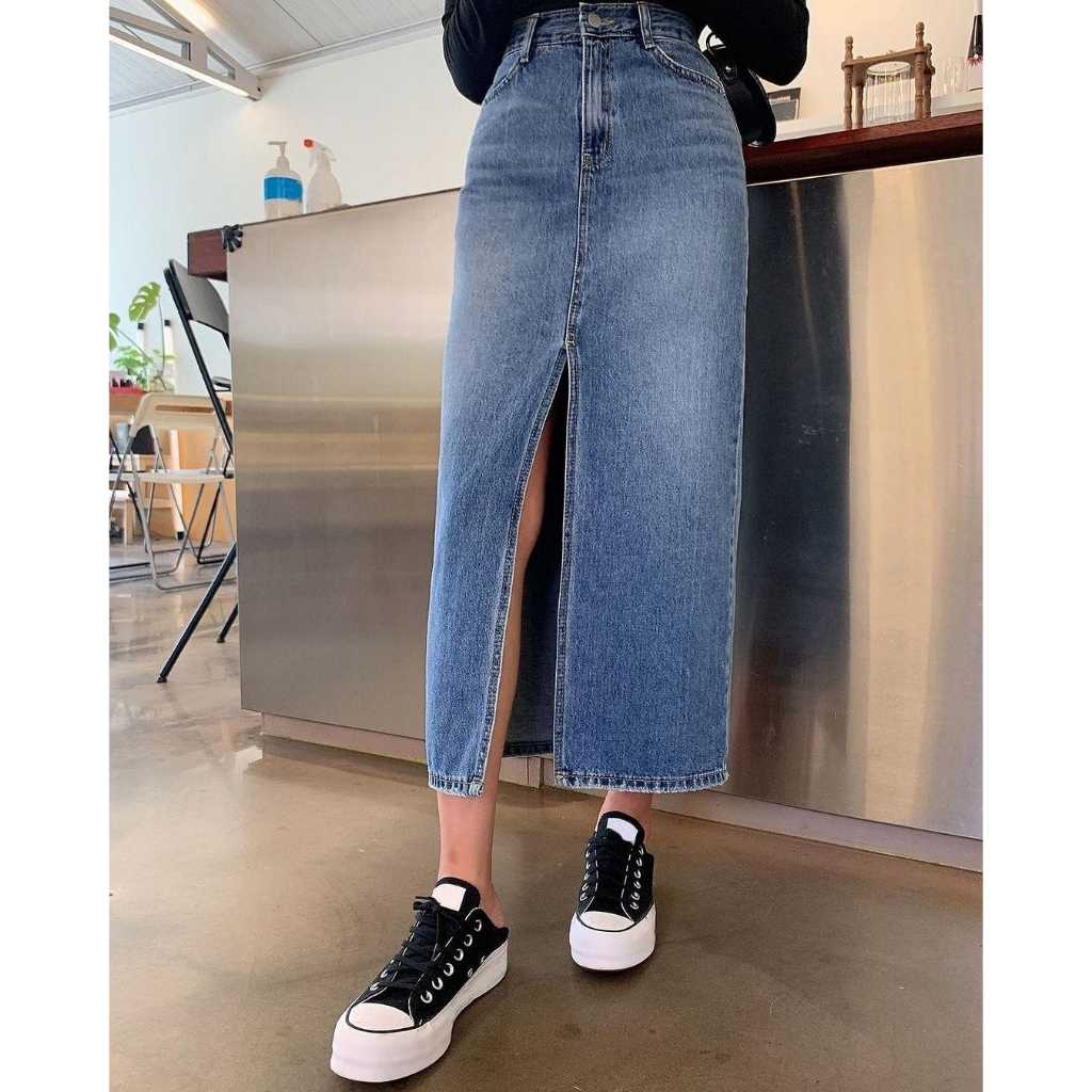 ENZ Jeans Skirt Korean Style Rok Wanita Terbaru Rok Jeans Slit Tengah