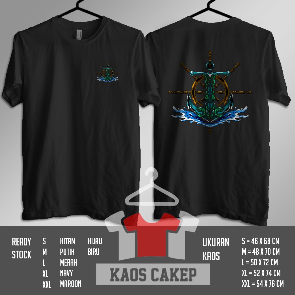 Kaos Biru Hijau Jangkar Kapal Kemudi Kombinasi Gelombang Laut Baju Distro