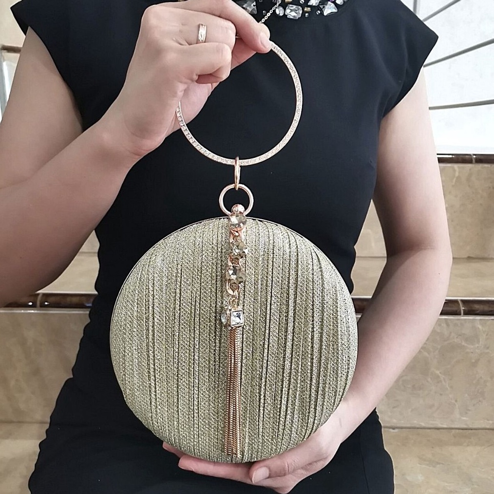 12.12 BRANDS FESTIVAL Tas Pesta Kondangan Wanita Import Mewah Kristal Kain Satin Lucu Bulat Wisuda 7