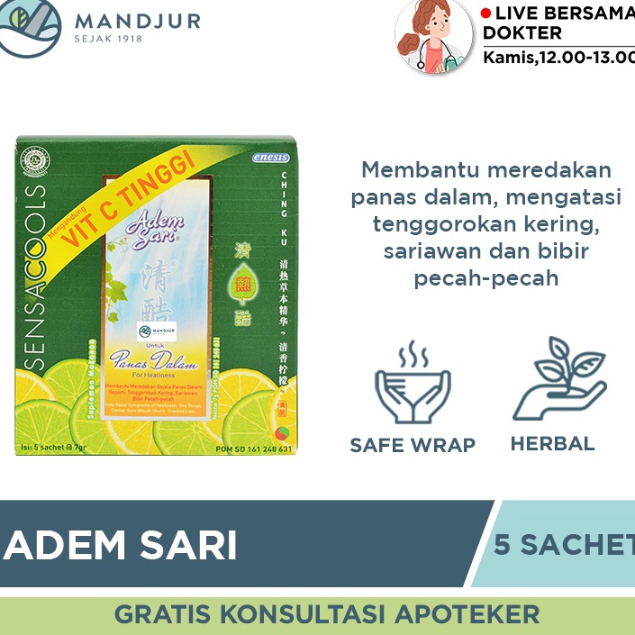 

Kejutan disini Adem Sari Dus Isi 5 Sachet - Pereda Panas Dalam, Sakit Tenggorokan