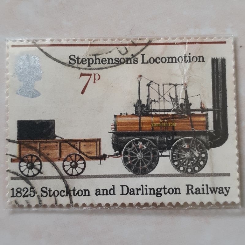

Perangko Inggris Britania Raya 150th Anniv of Public Railways Stockton and Darlington Railwat Stephenson's Locomotion Tahun 1975