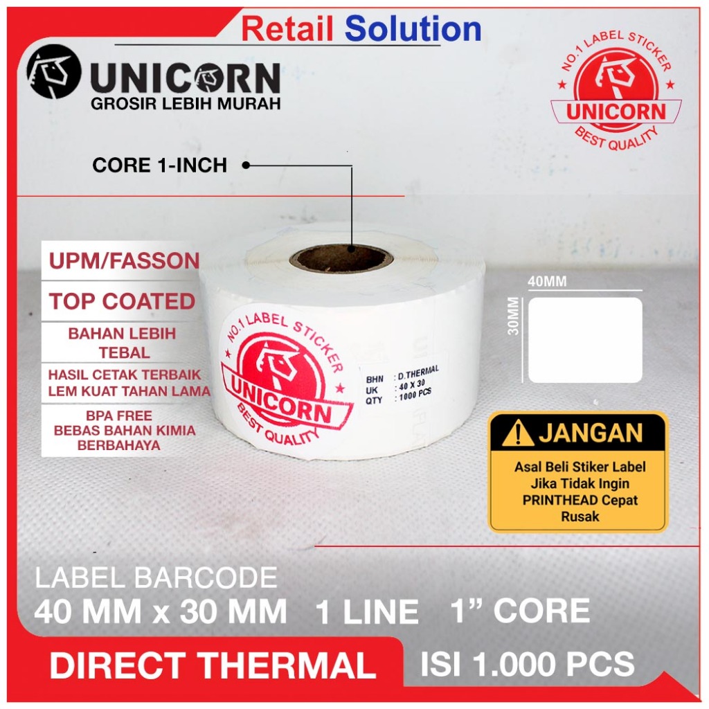 

Unicorn Stiker Label Barcode Thermal 40x30 mm / 40 x 30 mm / 40x30mm / 4x3CM