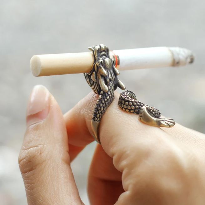 Cincin Naga Panjang Rok0k - Gold Dragon Shape C1garette Holder Ring / Aksesoris Pemegang Rokok Vinta