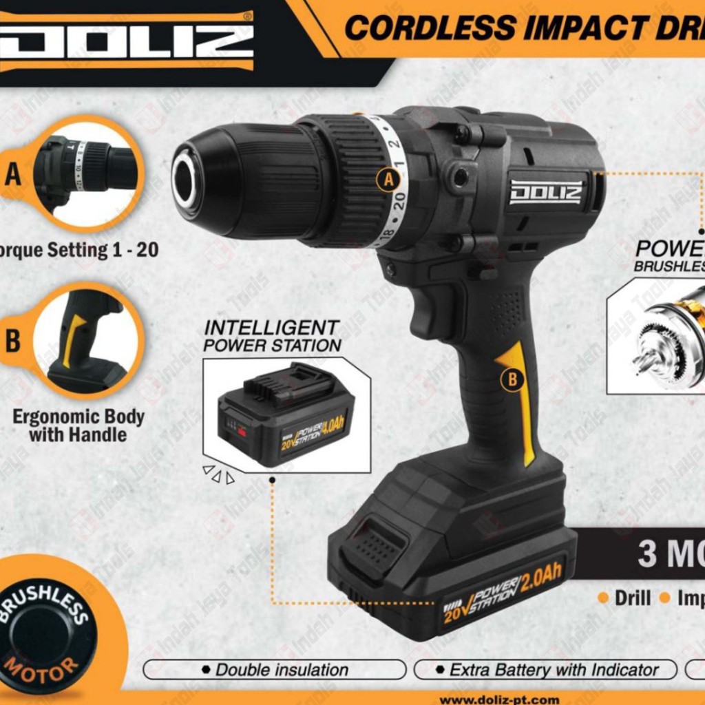 DOLIZ BD617 Cordless Impact Drill 20V Mesin Bor Baterai Charger Wrench