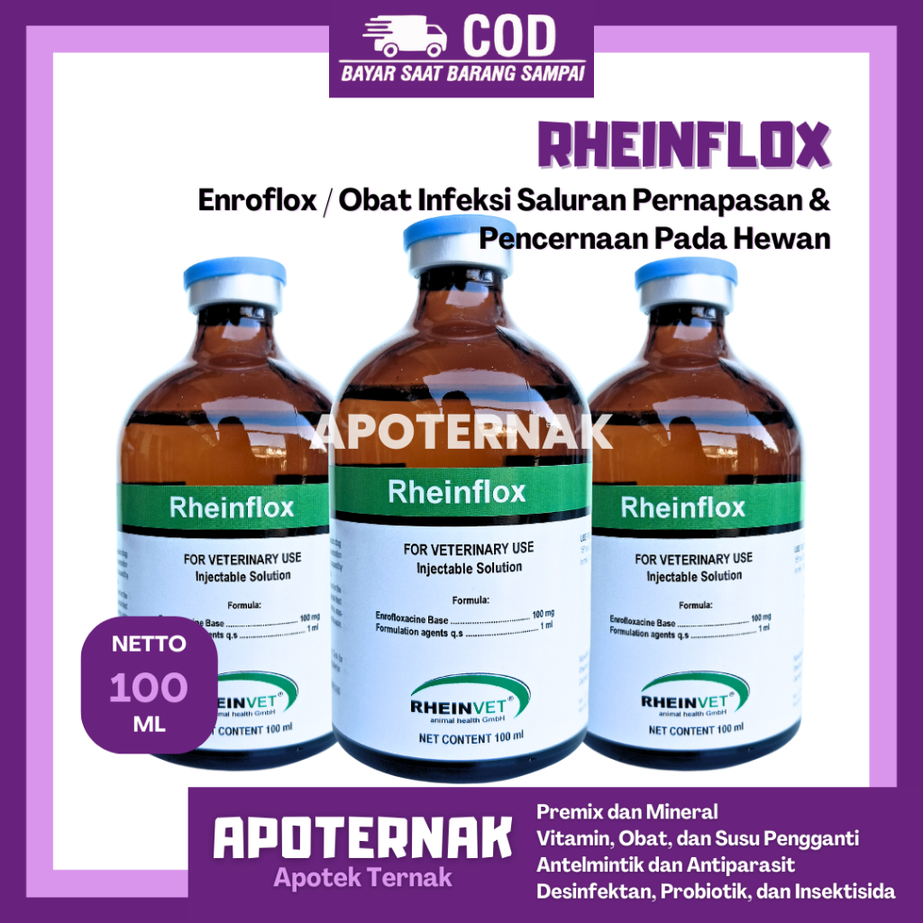 RHEINFLOX 100 mL | Enrofloxacin 10% Untuk Hewan Ternak Obat Pernafasan Pencernaan Spektrum Luas | Ro