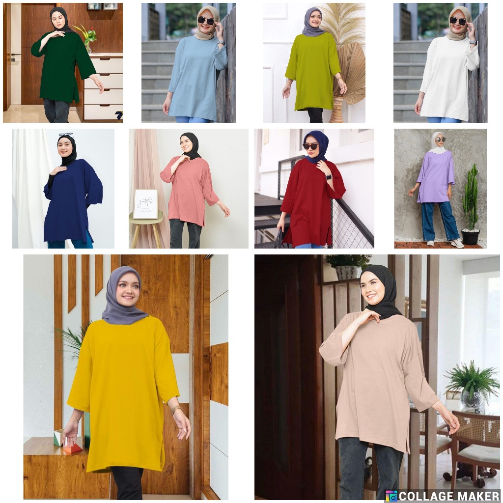 KOLEKSI LENGKAP TERBARU KAOS OVERSIZE TOP HIJAB WANITA BASIC POLOS / OVERSIZE SLIT BLOUSE LD 130 CM 