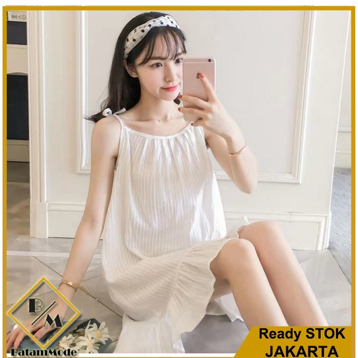 Terbaru.. BATAMMODE Daster Korea Daster Tali Satu Baju Tidur Wanita Motif Polos murah