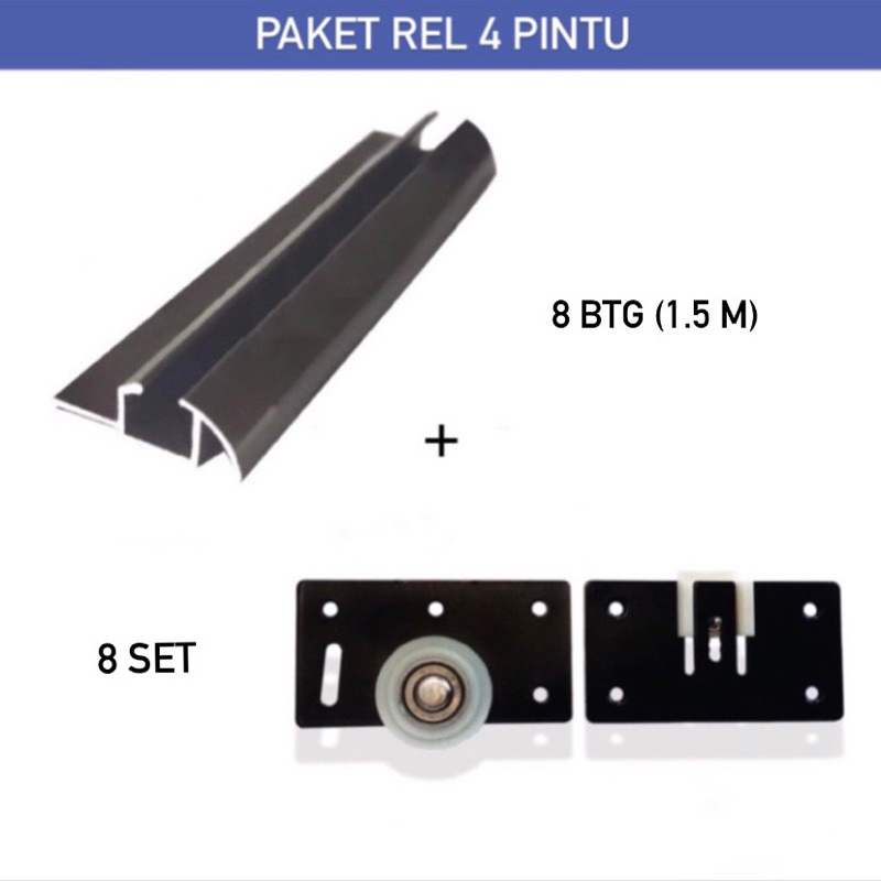 (4 Pintu) Paket 8 Rel Timbul 380 Lenaga 1.5 Meter + 8 Set Roda SD 380 Pintu Lemari Sliding / Geser H