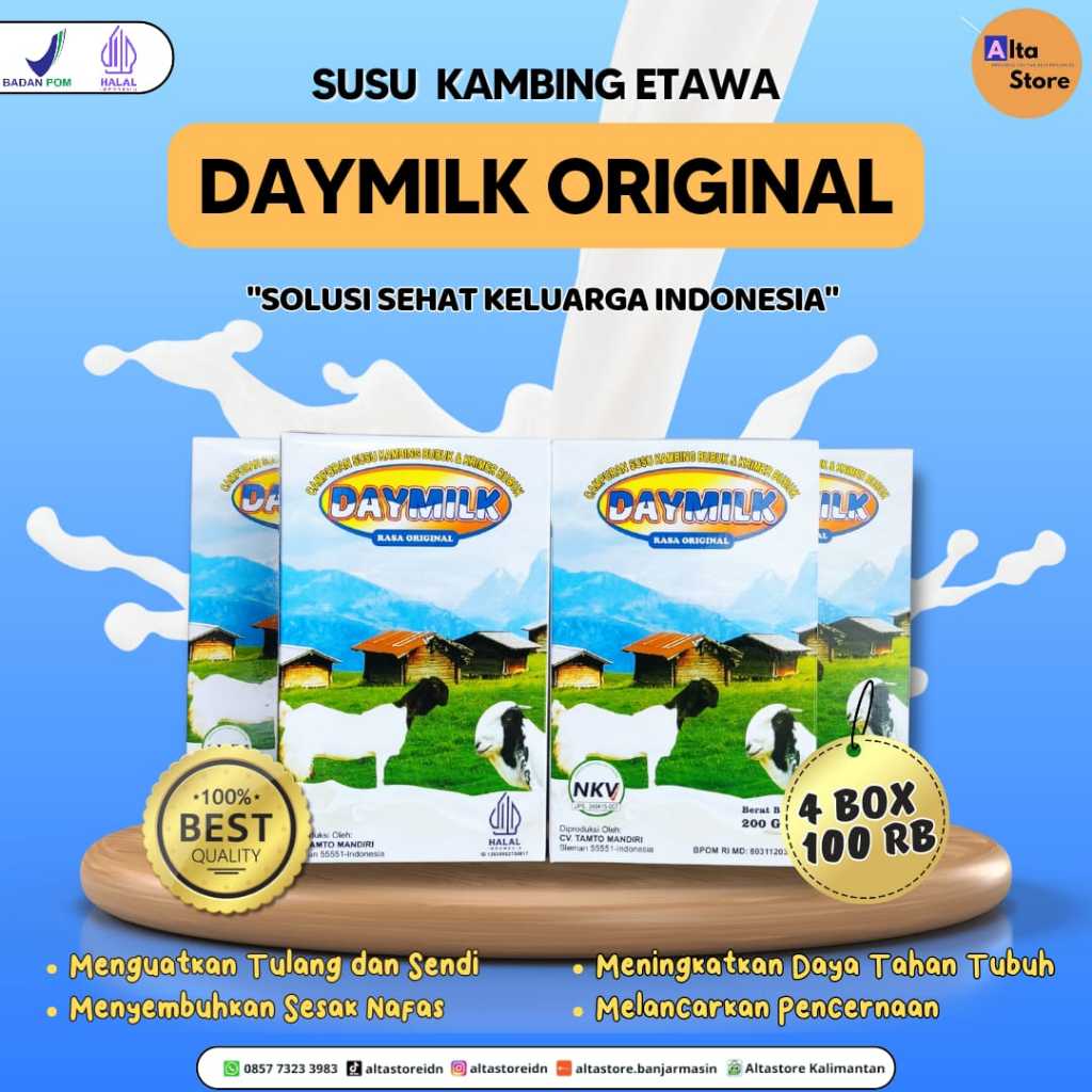 

PAKET 3 BOX-DAYMILK Rasa Original- Susu Kambing Etaawa Murni-Atasi Masalah Tulang dan Persendian- Sesak Nafas-200 gram-Halam BPOM- Surabaya