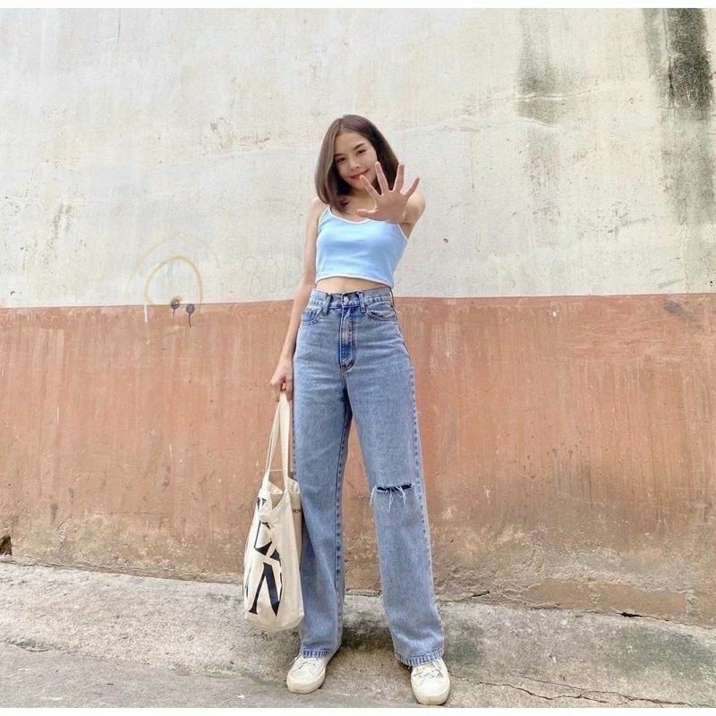 Highwaist Kulot Loose jeans wanita sobek lutut