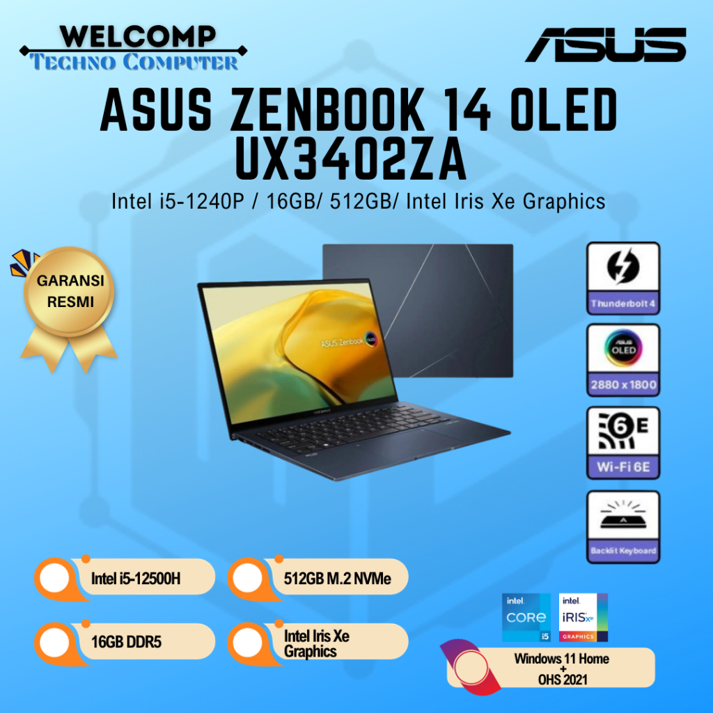 Laptop Asus Zenbook 14 OLED UX3402ZA i5-1240P/ 16GB/ 512GB/ Iris Xe 14" 2.8K Touch