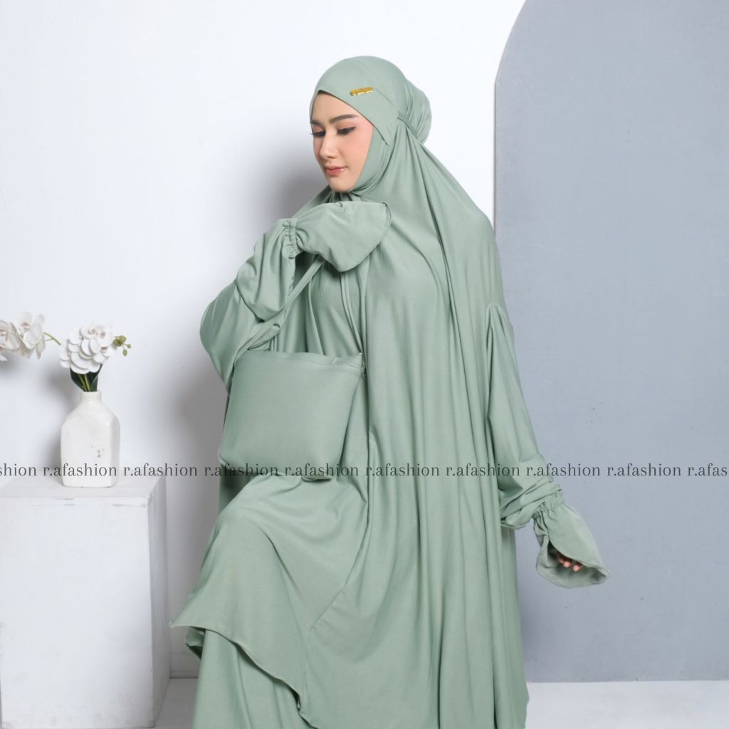 Ra Fashion - Mukena Dewasa Umroh Setelan Berlengan Atas Bawah Penutup Dagu Malasyia Jersey Premium