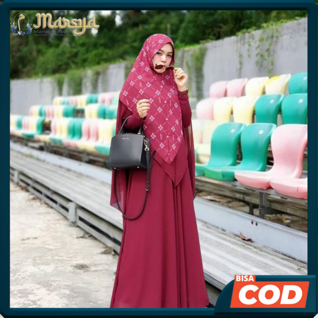Set Gamis Dress Ceruty Babydoll Syari Branded Maroon Mewah Masya Syari Original Terbaru Milena MADEN