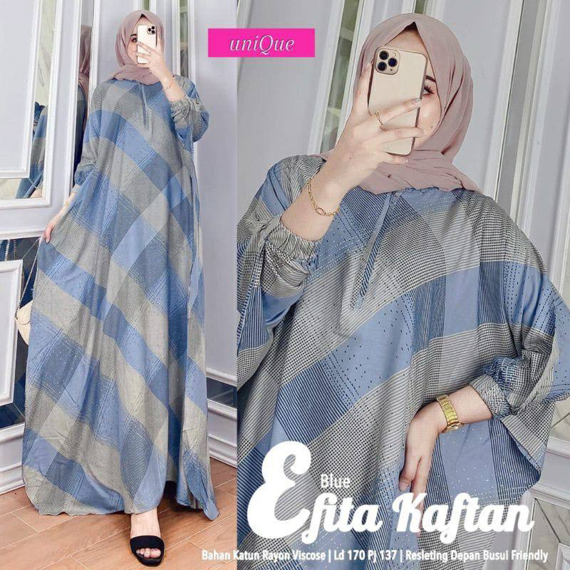 Kaftan Wanita - Daunda Kaftan Size Jumbo XXXXL Motif Daun Lengan Panjang Busui Resleting by Nadira_Fashion / Gamis Rayon Jumbo Kaftan Terbaru-Evita blue