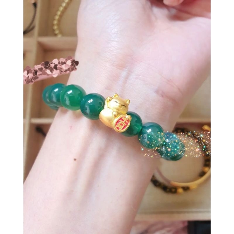 gelang batu giok manau pria wanita variasi emas asli 23k 24k emas hongkong charm kucing rejeki feng 