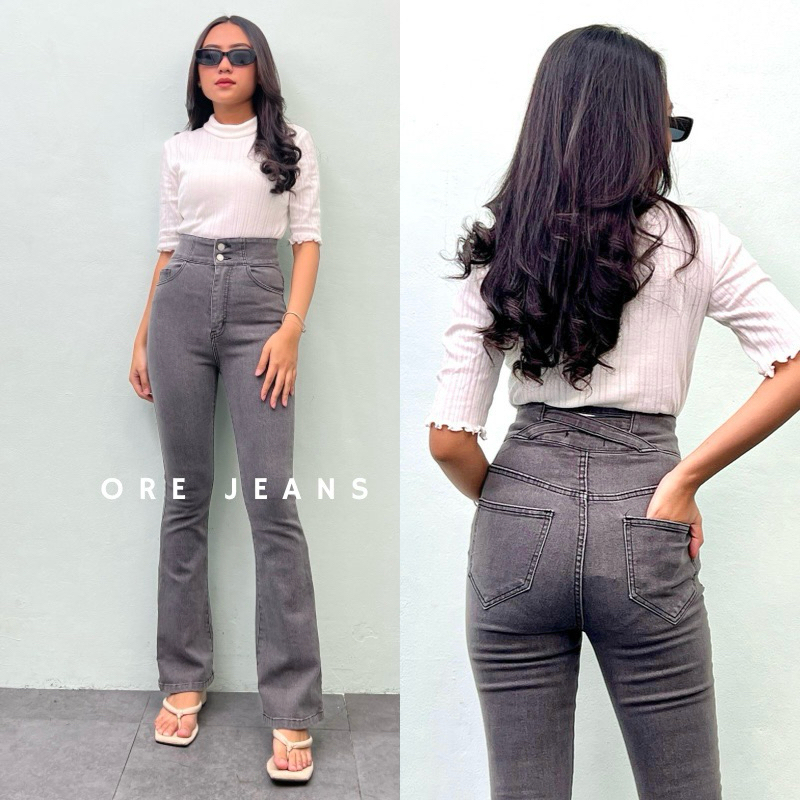 ORE - Pinkam Highwaist Cutbray Jeans Tali silang Belakang