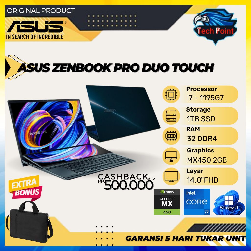 Asus Zenbook PRO DUO UX482 TOUCH I7 1195G7 MX450 2GB/ 32GB 1TB W10 14.0FHD