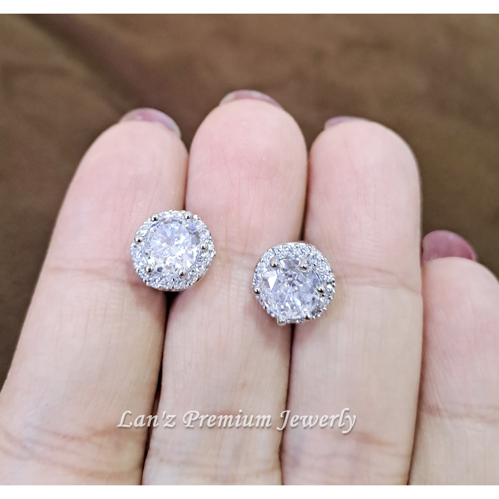 Anting Tusuk Solitare Bulat Kristal Premium Titanium 18K (Perak)