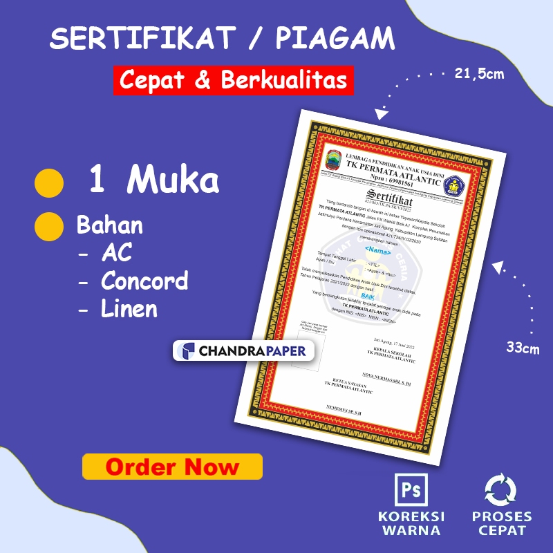 

Cetak piagam sertifikat berikut isian nama TK/paud / TPQ / TPA/TK/BIMBEL/SD/SMP/SMA