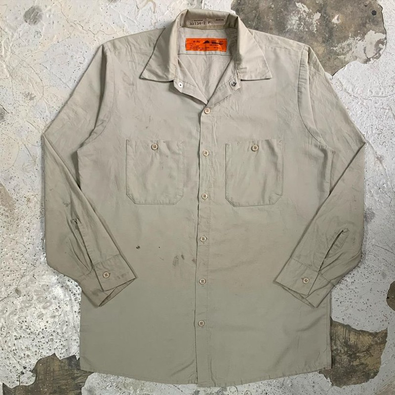 Vintage 80’s Red Kap Work Button Down Shirt Men L Tan Long Sleeve Pockets Cotton Blend