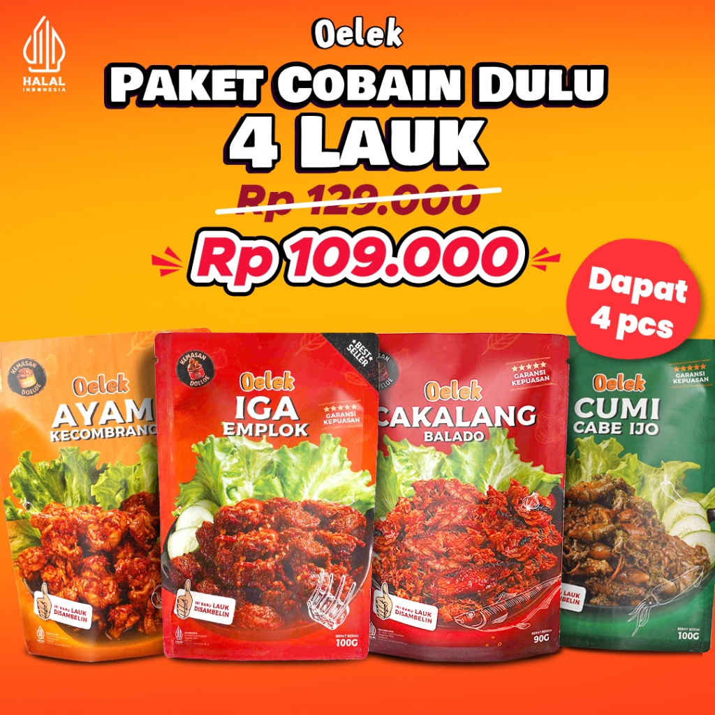 

✨COD✨ Oelek Paket Cobain Dulu 4 Laoek / Iga Emplok / Cakalang Balado / Cumi Cabe Ijo / Ayam Kecombrang / Lauk Siap Saji buruan