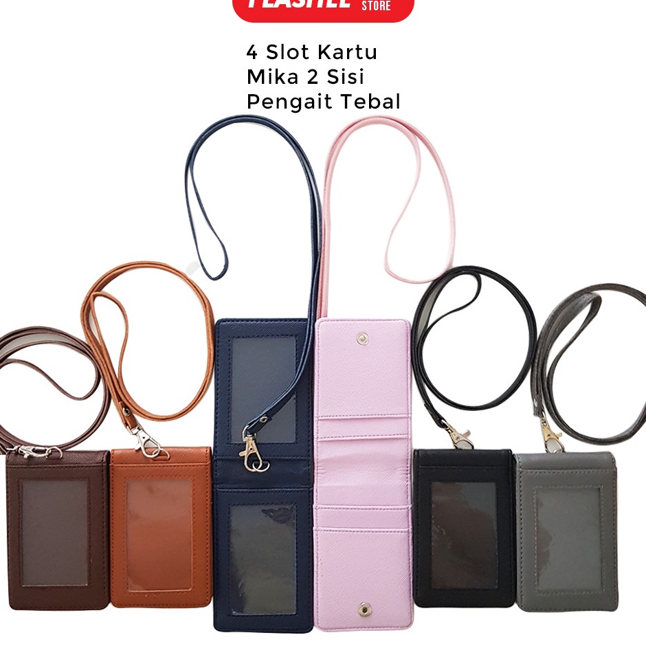 

Lanyard ID Card Holder Name Tag Kulit Dua Sisi Bolak Balik Mika Kancing Termurah Berkualitas