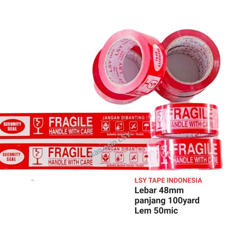 

lakban fragile merah putih 2 in1 48mm x 100yard full LSY TAPE INDONESIA