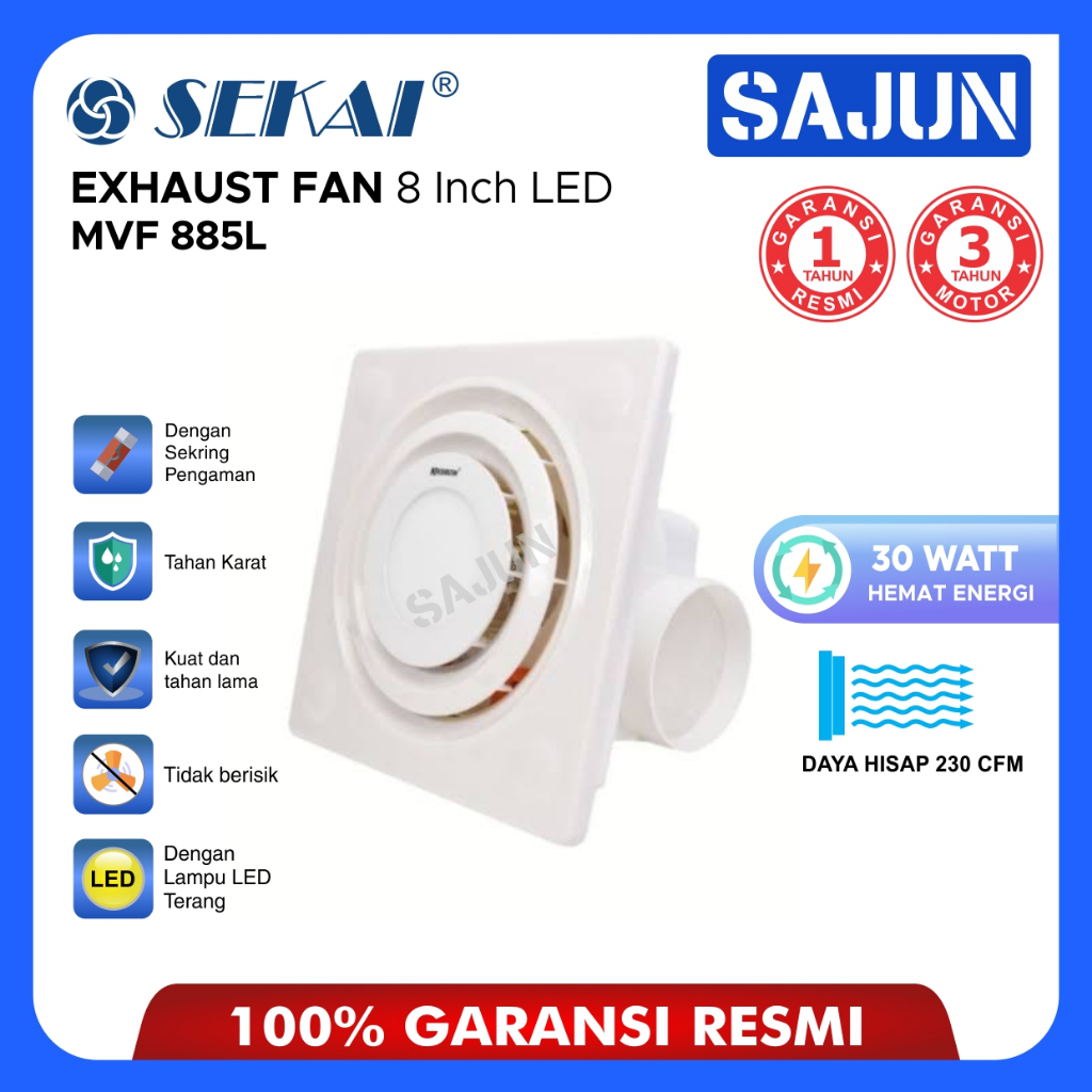 SEKAI Exhaust Fan LED Lighting / Hexos Plafon Dak 8 Inch MVF 885 L / MVF885L + Bonus Lampu Downlight