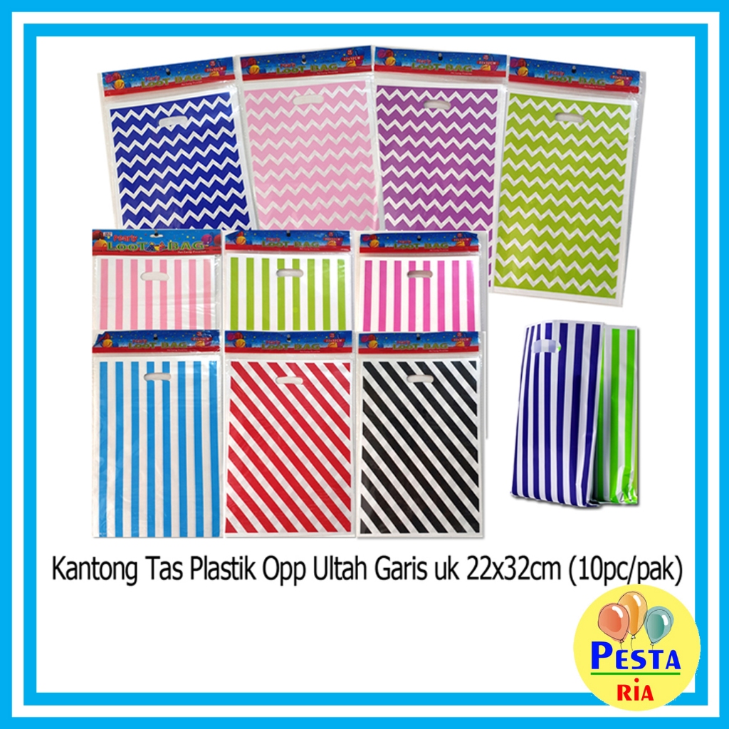 

Murah!! (Isi 10Pcs UK L) Kantong Tas Plastik Opp Ultah Motif Garis, plastik snack ultah, kantong souvenir, tas plastik kado ultah