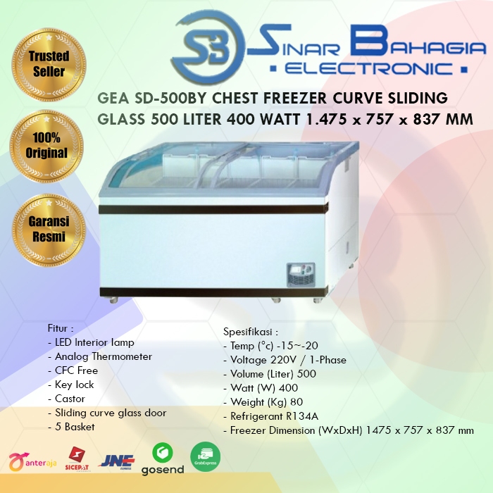 GEA SD-500BY CHEST FREEZER CURVE SLIDING GLASS 500 LITER 400 WATT 1.475 x 757 x 837 MM (NEW) (KHUSUS