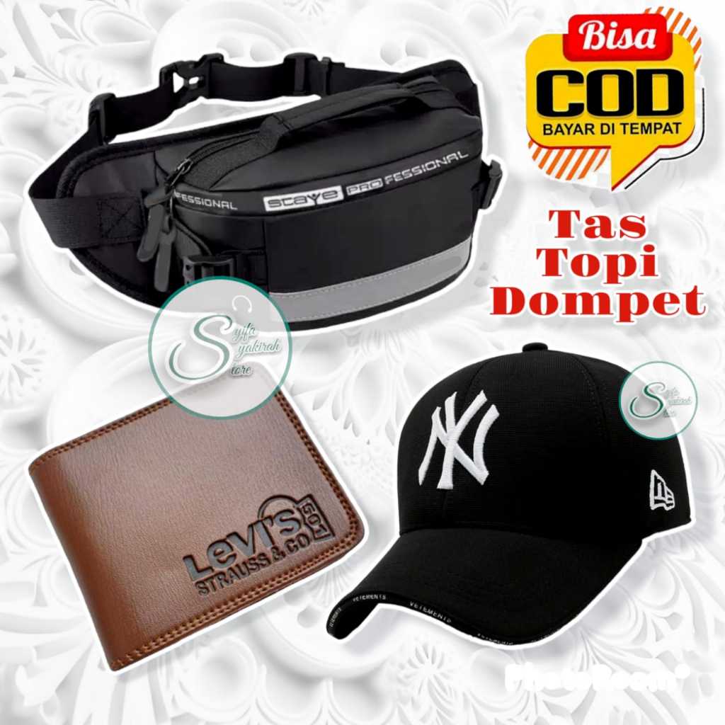 Paket Gaya Kasual Tas Selempang Pria Topi Distro dan Dompet Kekinian Tas Selempang Topi dan Dompet Kulit Pria Lipat Dua Sintetis Tas Pinggang Terlaris