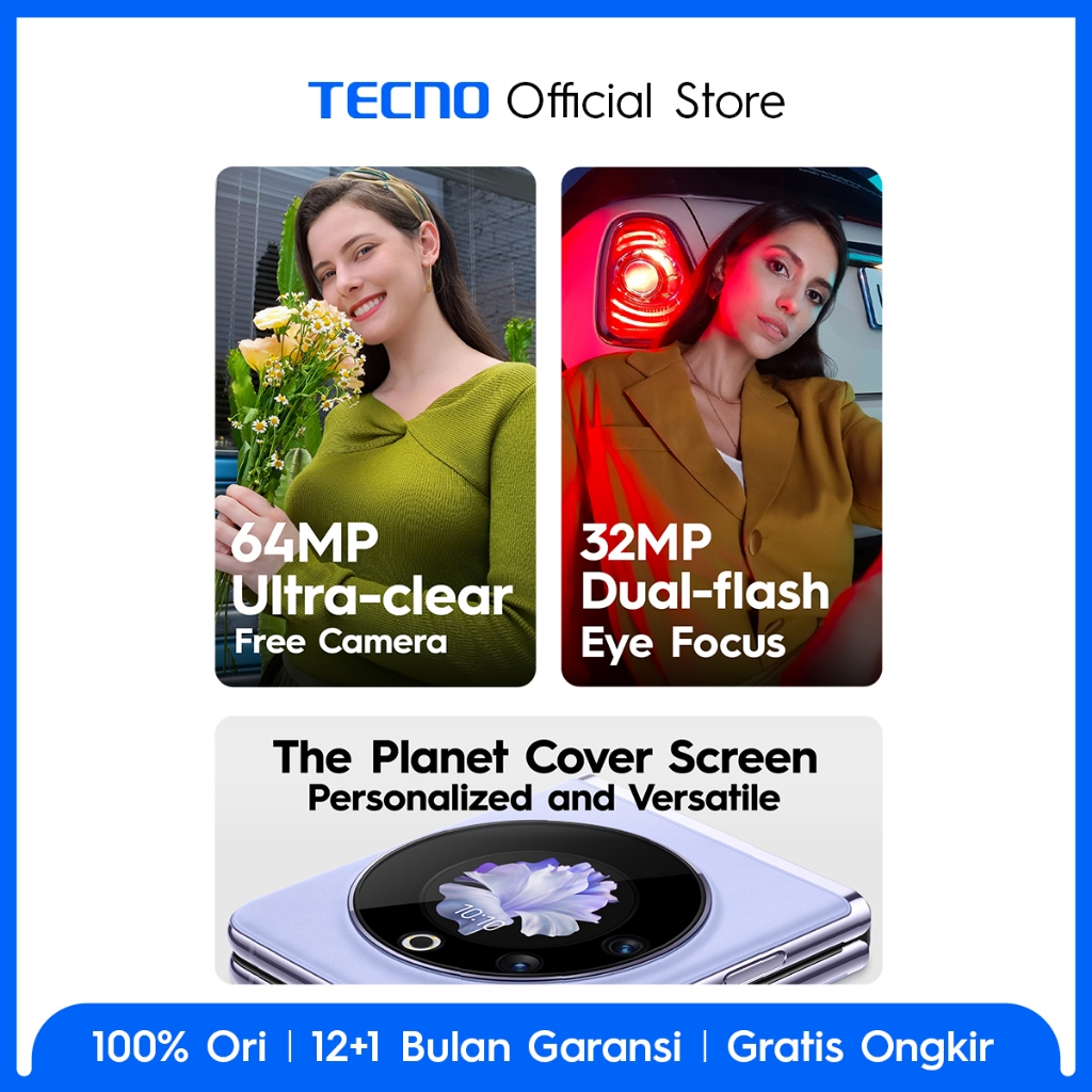 TECNO PHANTOM V Flip 5G - 8+8GB*+256GB, 64MP Ultra-clear Cam, 120Hz Screen, 4000mAh+45W Flash Charging, NFC, The Planet Cover Screen, 32MP Dual-flash Selfie, Android 13, Garansi 12+1 Bulan-2