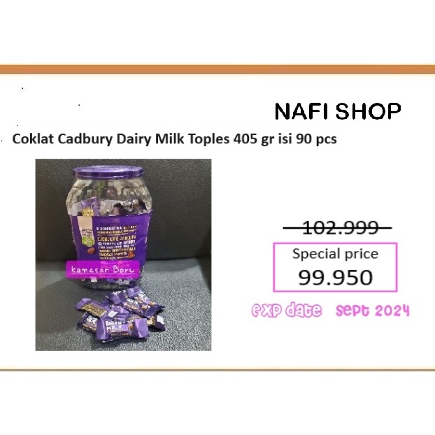 

Coklat Cadbury Dairy Milk toples 405 gram isi 90 pcs