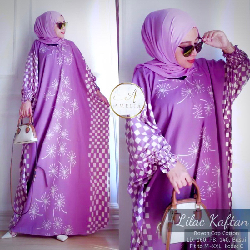 Kaftan Wanita - Daunda Kaftan Size Jumbo XXXXL Motif Daun Lengan Panjang Busui Resleting by Nadira_Fashion / Gamis Rayon Jumbo Kaftan Terbaru-Hoshi lilac
