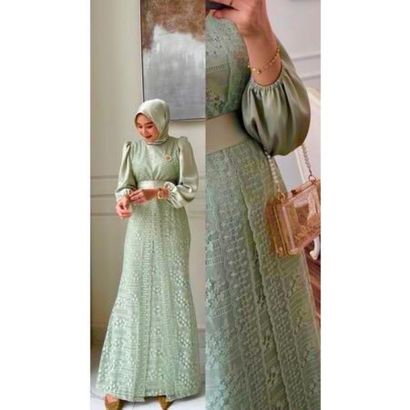 gamis pesta brukat sage hitam broken white gamis kondangan bridesmaid