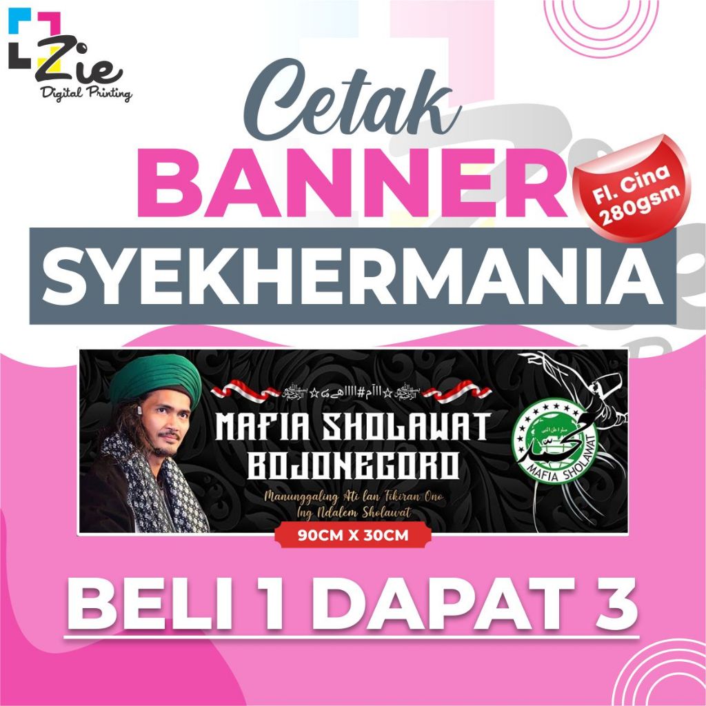 Cetak Banner Syekhermania BELI 1 DAPAT 3 Frontlite Bahan Flexi 280gr Spanduk Backdrop Custom