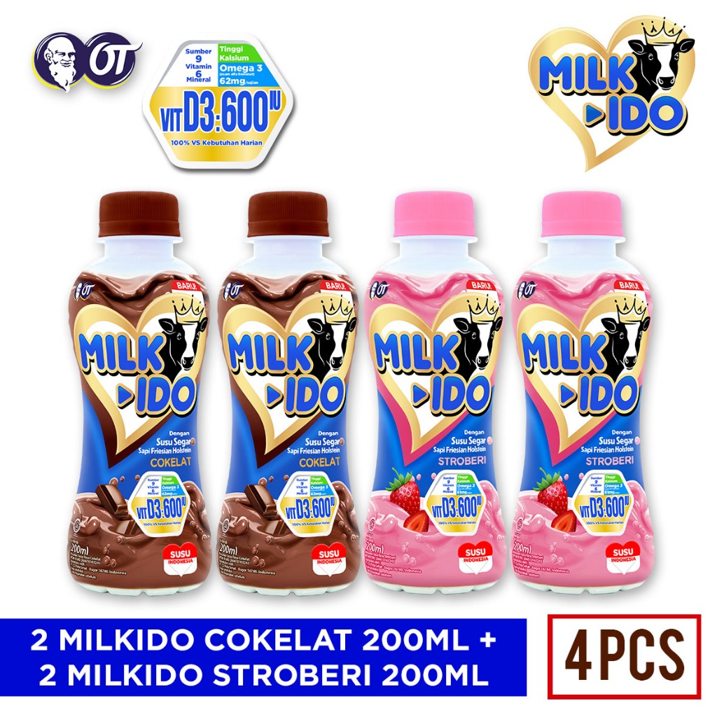 

PAKET SUSU MILKIDO COKLAT+SUSU MILKIDO STROBERI 200 ml [Bundle 4 Pcs]