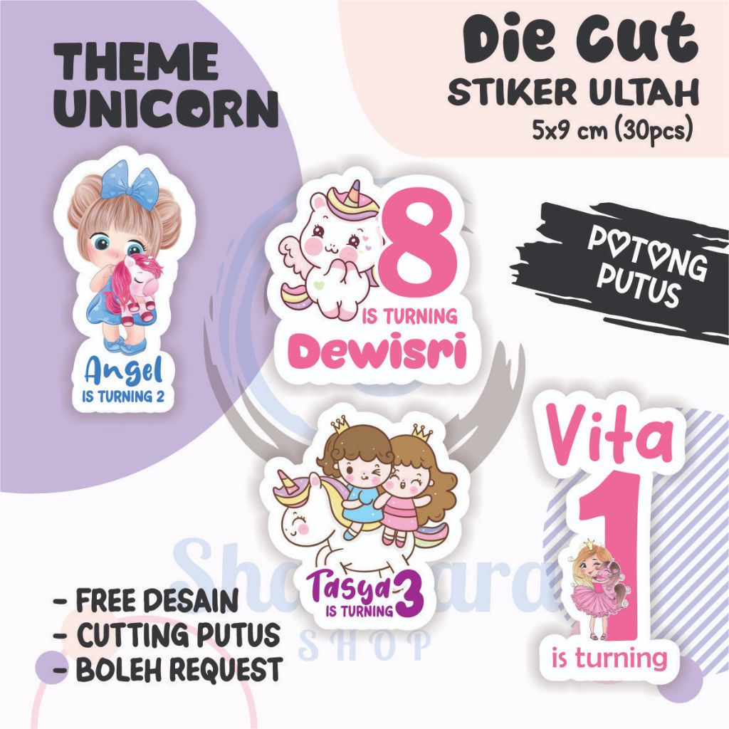 

( 30 PCS ) Stiker Ulang Tahun Anak THEME UNICORN / Stiker Ulang Tahun DIE CUT / Stiker Ulang Tahun Custom / Stiker Ultah Waterproff / Stiker Efek Hologram