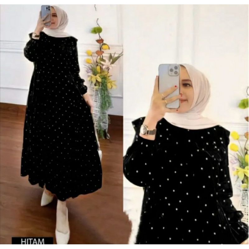 GAMIS MUSLIM WANITA MOTIF POLKADOT HITAM