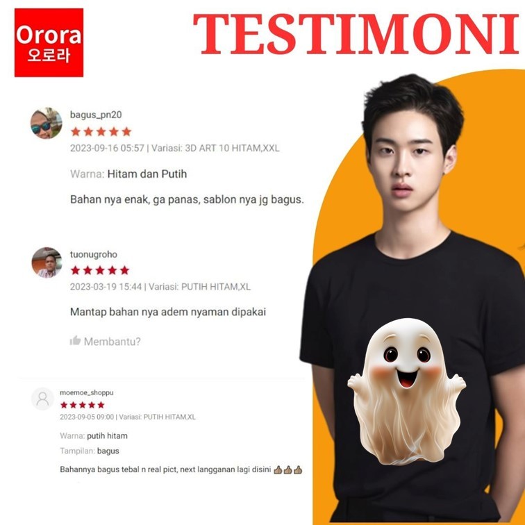 Orora Kaos Distro Premium 3 Dimensi Ghost Lucu - Baju Atasan Sablon Pria Wanita Warna Hitam Putih Ukuran S M L XL XXL XXXL keren OR3D 77