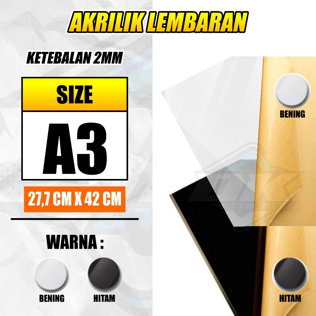 

Akrilik Lembaran Bening / Hitam 2mm Acrylic Lembaran ( Ukuran A3 )