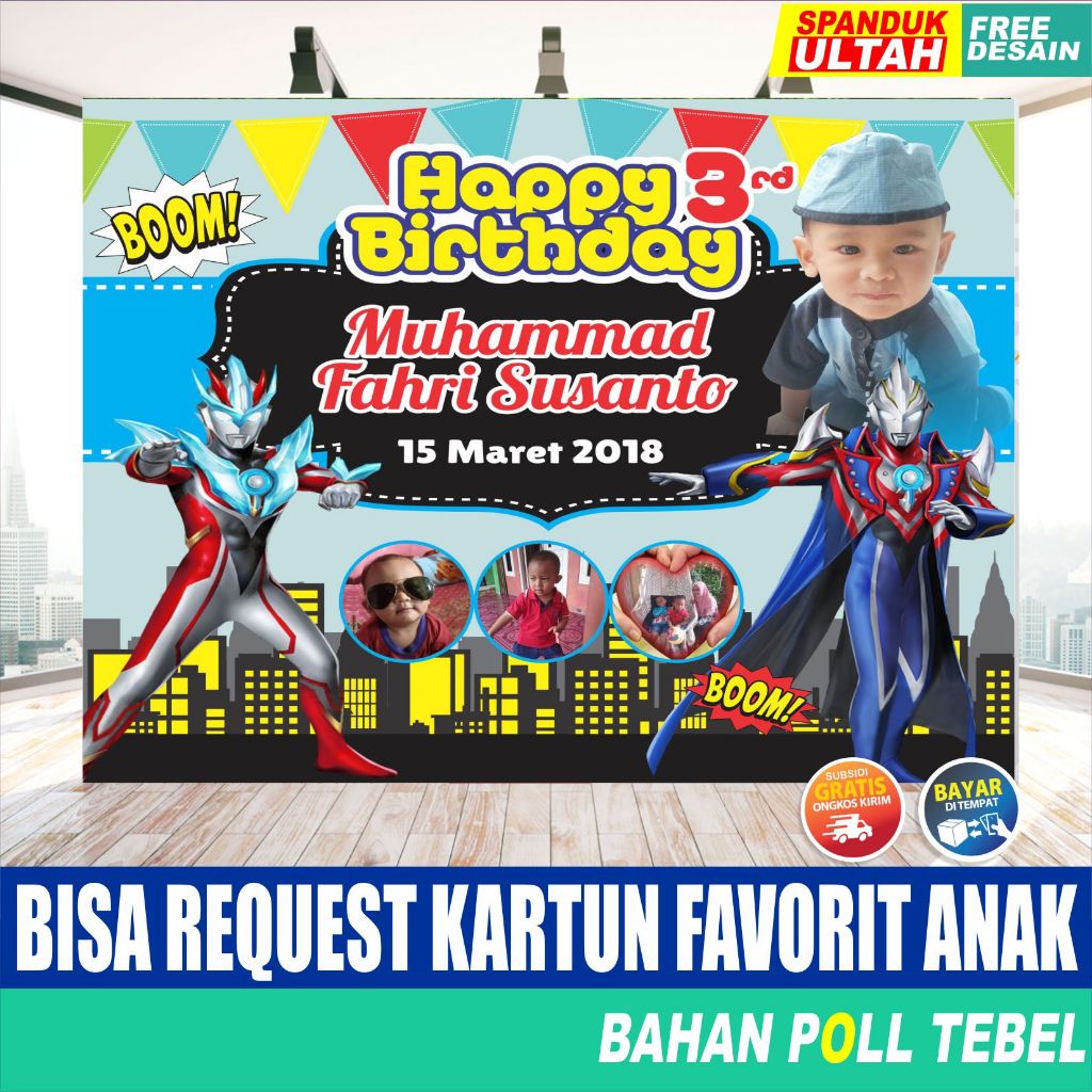Spanduk  ulang tahun anak cowok ultramen - banner ultah anak laki laki ultramen - poster ultah