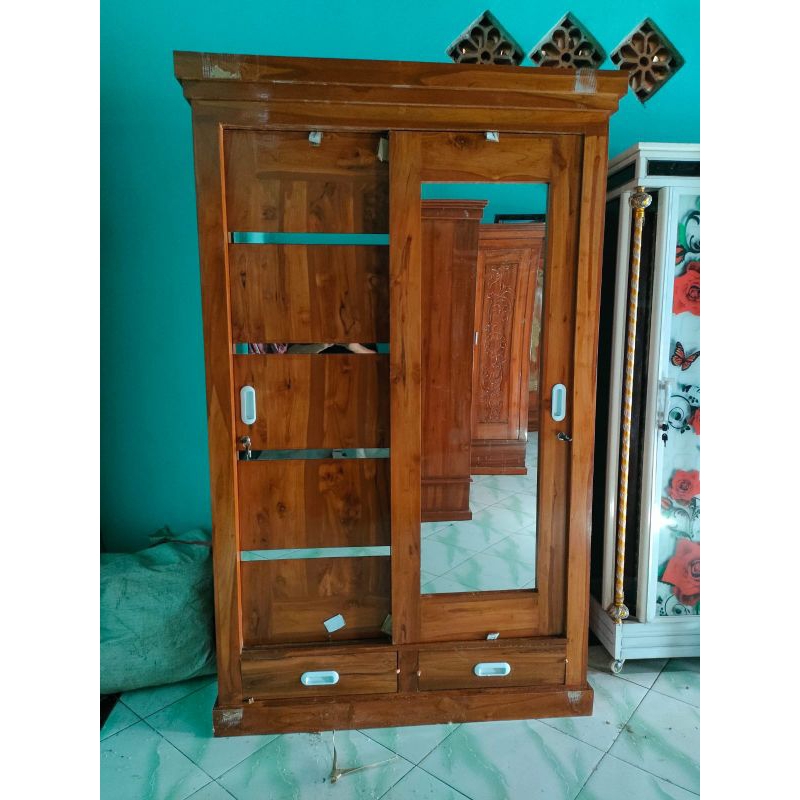 lemari baju anak pintu geser kayu jati atau lemari pakaian 2 pintu sliding / lemari murah / grosir l