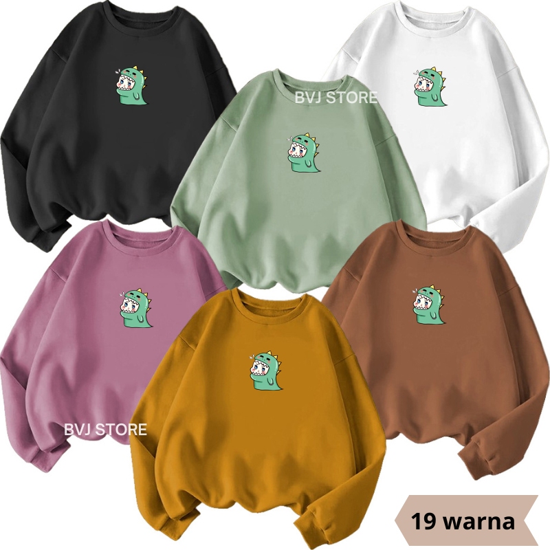 Sweater cewek kekinian cartoon dino lucu sweater crewneck unisex size L XL XXL sweater hoodie oversi