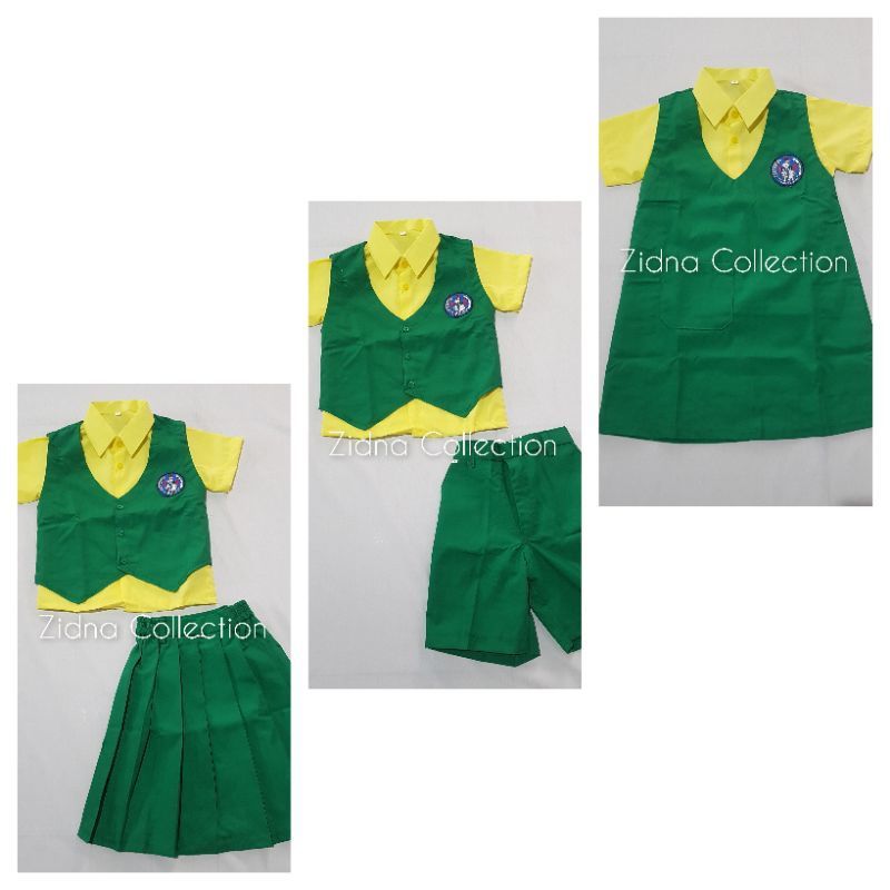 SETELAN HIJAU KUNING PENDEK Seragam Nasional TK SD MI