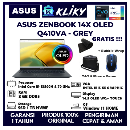 Laptop Ultrabook Asus Zenbook 14X Oled Intel Evo core i5 Gen 13 Terbaru Ram 8GB Ssd 1Tb Layar 14" OLED WQ+ 120Hz Touchscreen
