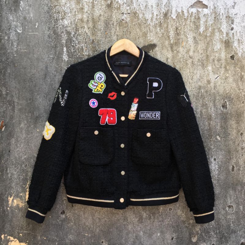 ZARA tweed patch bomber jacket