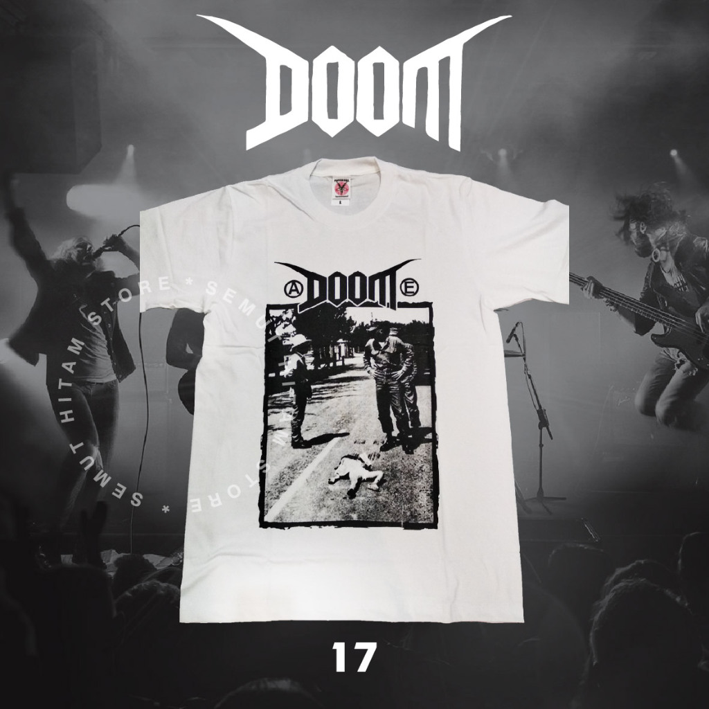 Kaos DOOM WAR CRIMES Builtup Putih Band Musik Rock Metal Prapatan Rebel Puritan