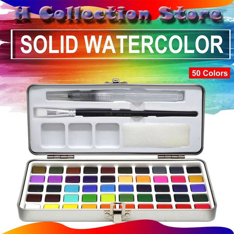 Watercolor Paint Cat Air Free Brush 50/72/90 Warna Air Tin Box Set